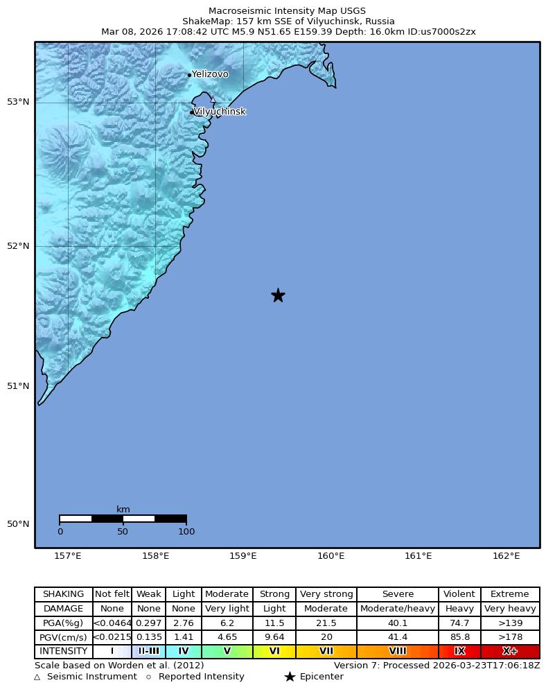 USGS ShakeMap intensity contours for the M5.9 earthquake near 157 km SSE of Vilyuchinsk, Russia