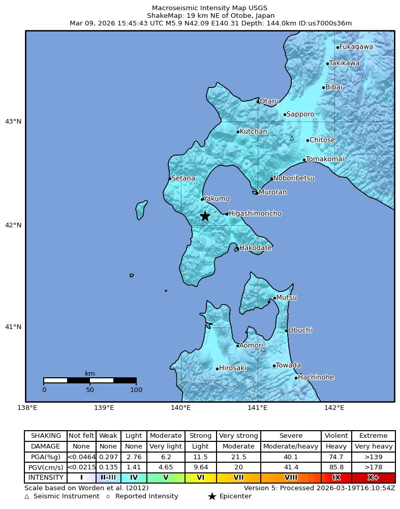 USGS ShakeMap intensity contours for the M5.9 earthquake near 19 km NE of Otobe, Japan