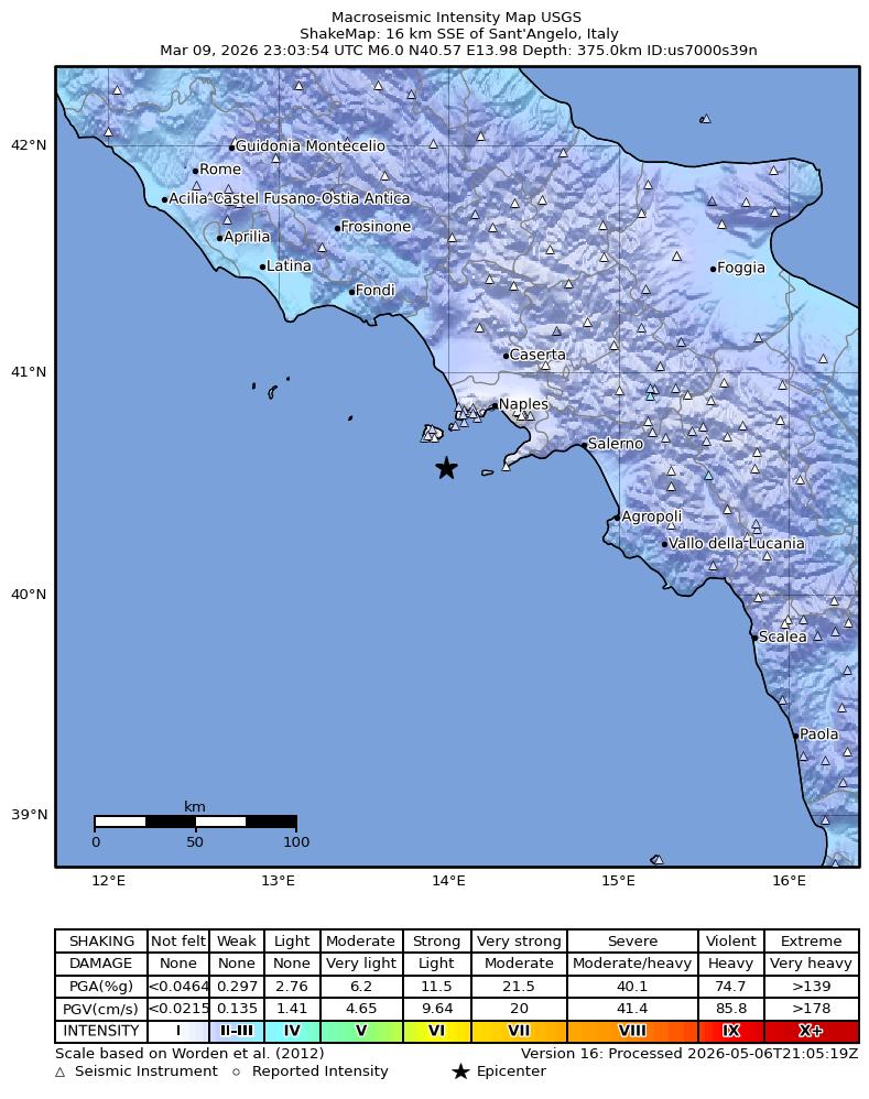 USGS ShakeMap intensity contours for the M6.0 earthquake near 16 km SSE of Sant'Angelo, Italy
