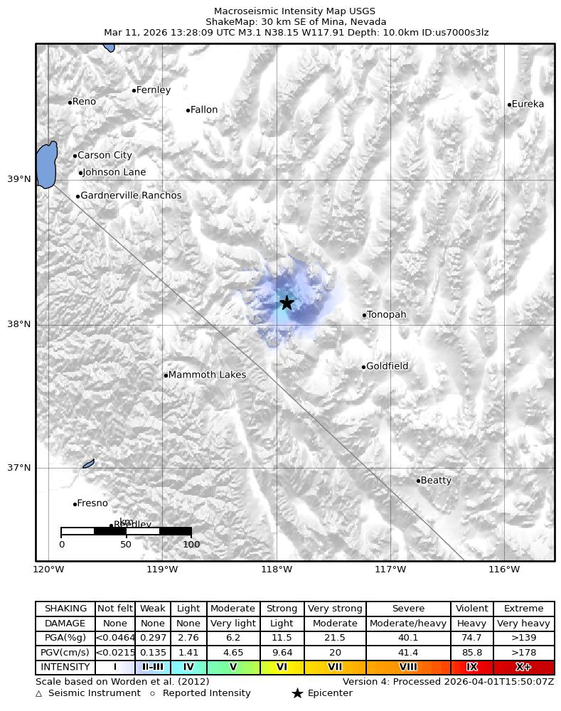 USGS ShakeMap: estimated shaking intensity around the epicenter