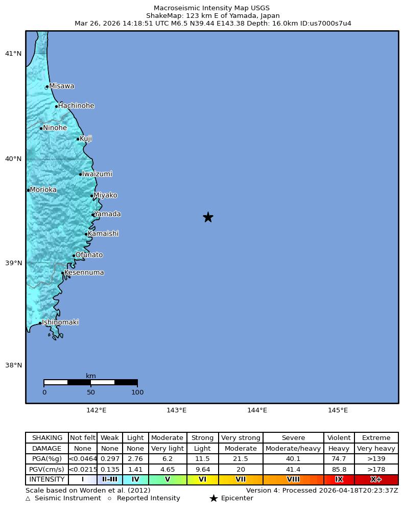 USGS ShakeMap intensity contours for the M6.5 earthquake near 123 km E of Yamada, Japan