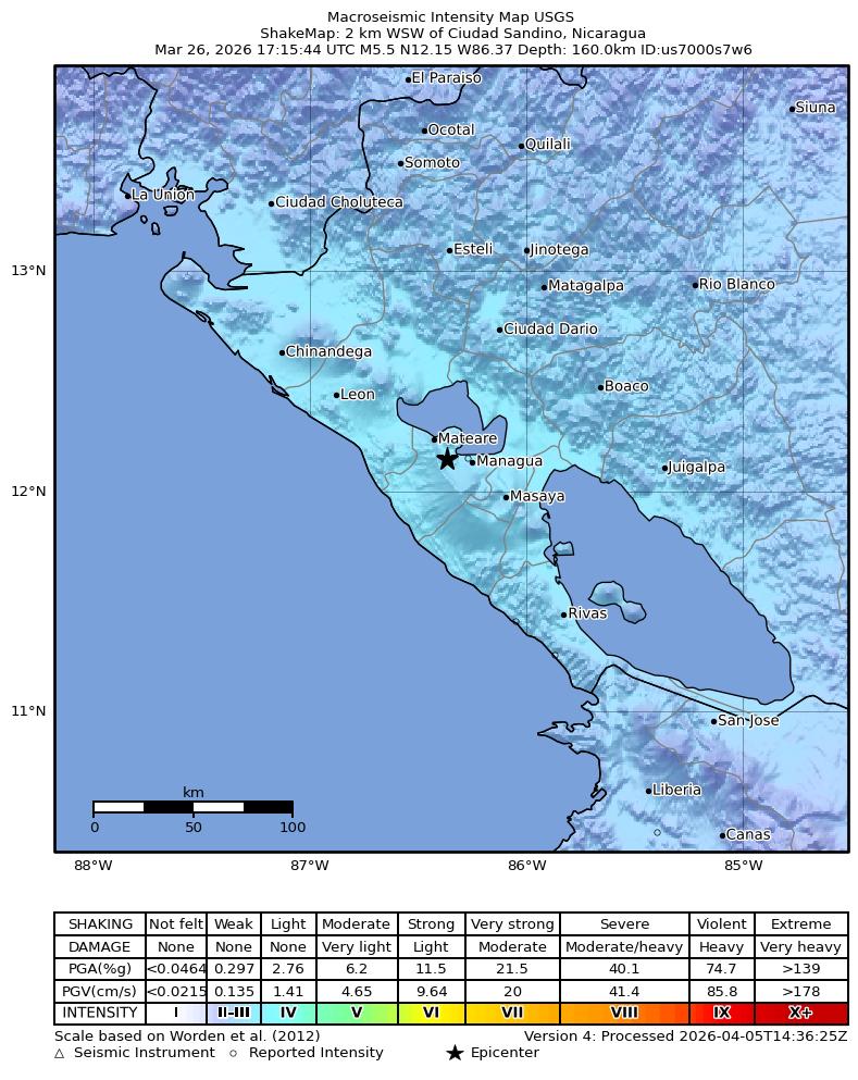 USGS ShakeMap intensity contours for the M5.5 earthquake near 2 km WSW of Ciudad Sandino, Nicaragua
