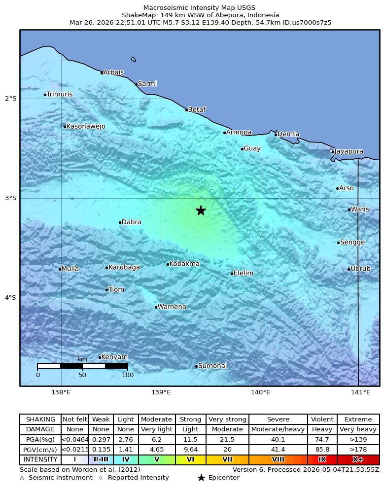 USGS ShakeMap intensity contours for the M5.7 earthquake near 149 km WSW of Abepura, Indonesia