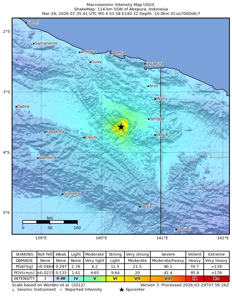 USGS ShakeMap intensity contours for the M5.2 earthquake near 104 km SSW of Abepura, Indonesia