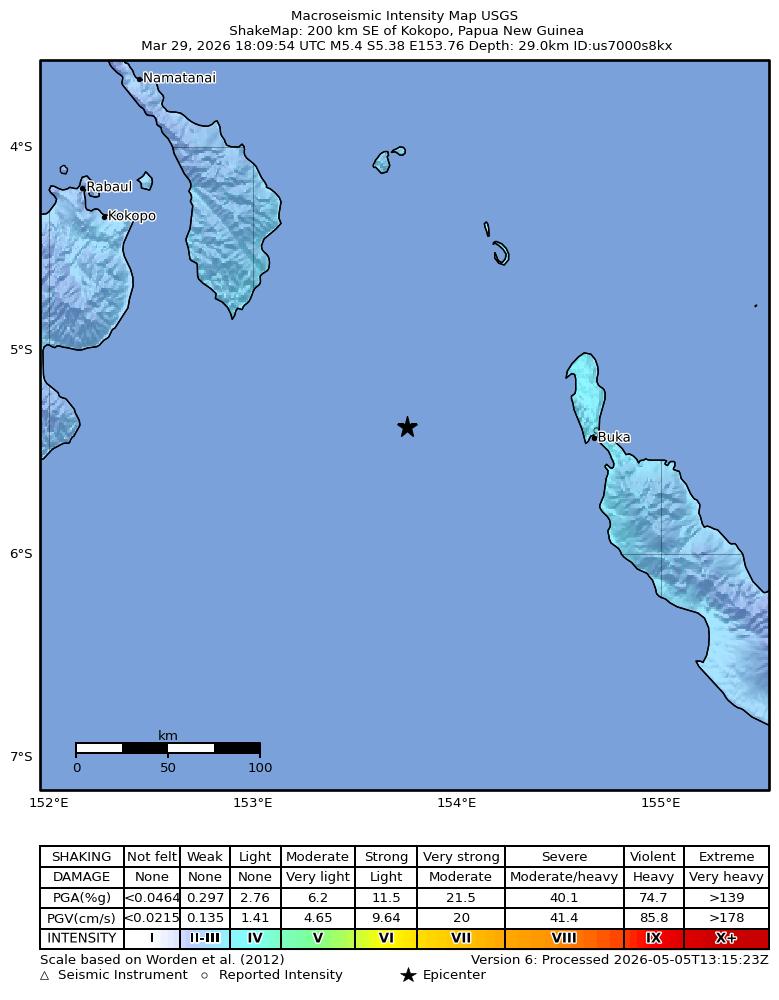 USGS ShakeMap intensity contours for the M5.4 earthquake near 200 km SE of Kokopo, Papua New Guinea