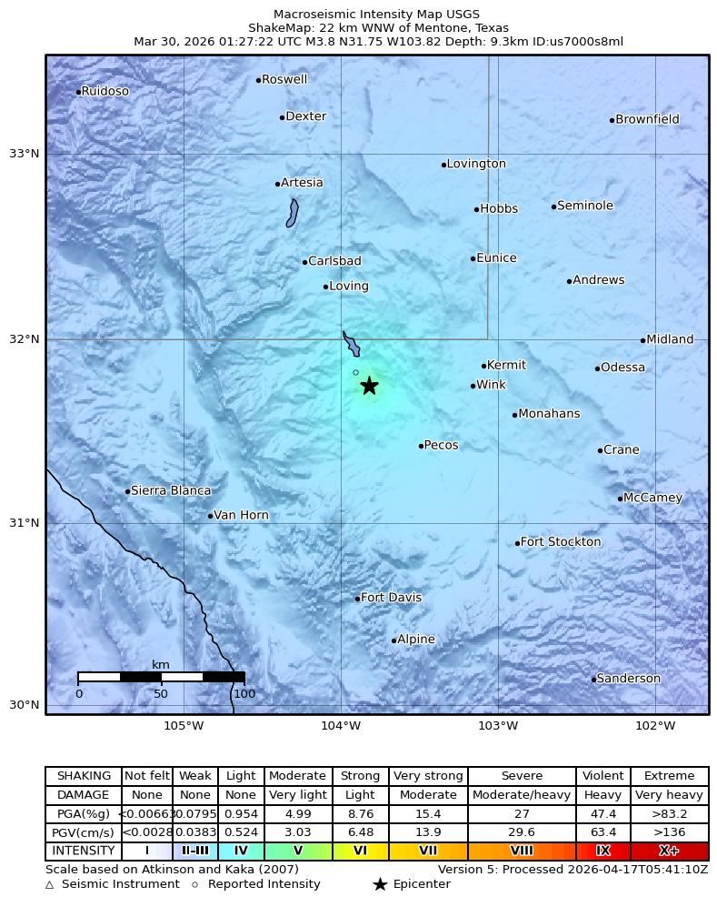 USGS ShakeMap: estimated shaking intensity around the epicenter