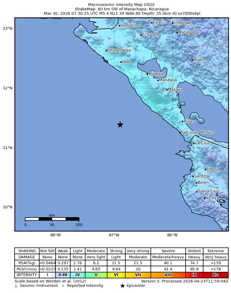 USGS ShakeMap intensity contours for the M5.4 earthquake near 60 km SW of Masachapa, Nicaragua