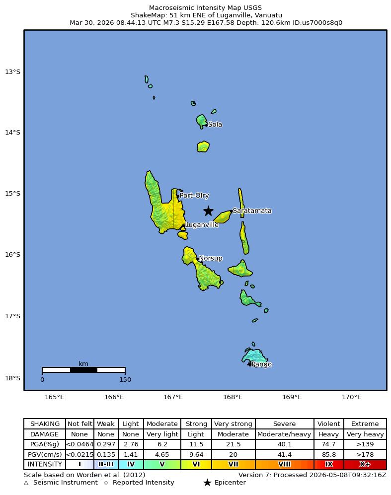 USGS ShakeMap intensity contours for the M7.3 earthquake near 51 km ENE of Luganville, Vanuatu