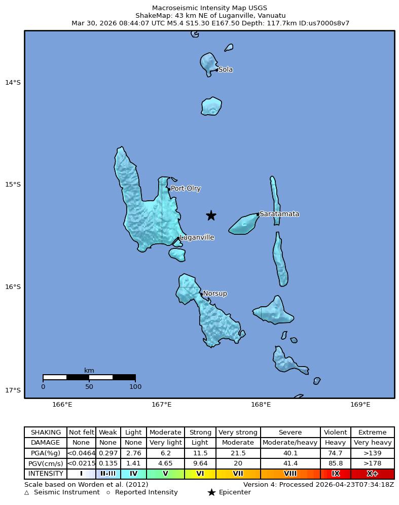 USGS ShakeMap intensity contours for the M5.4 earthquake near 43 km NE of Luganville, Vanuatu