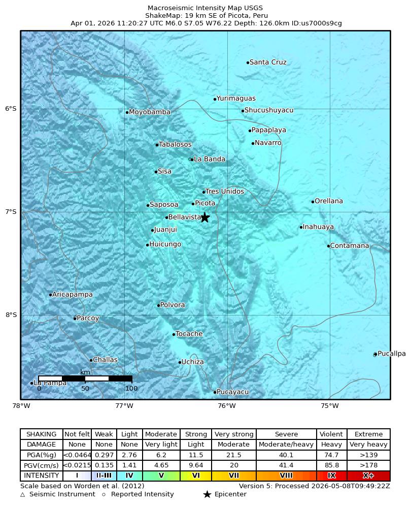 USGS ShakeMap intensity contours for the M6.0 earthquake near 19 km SE of Picota, Peru