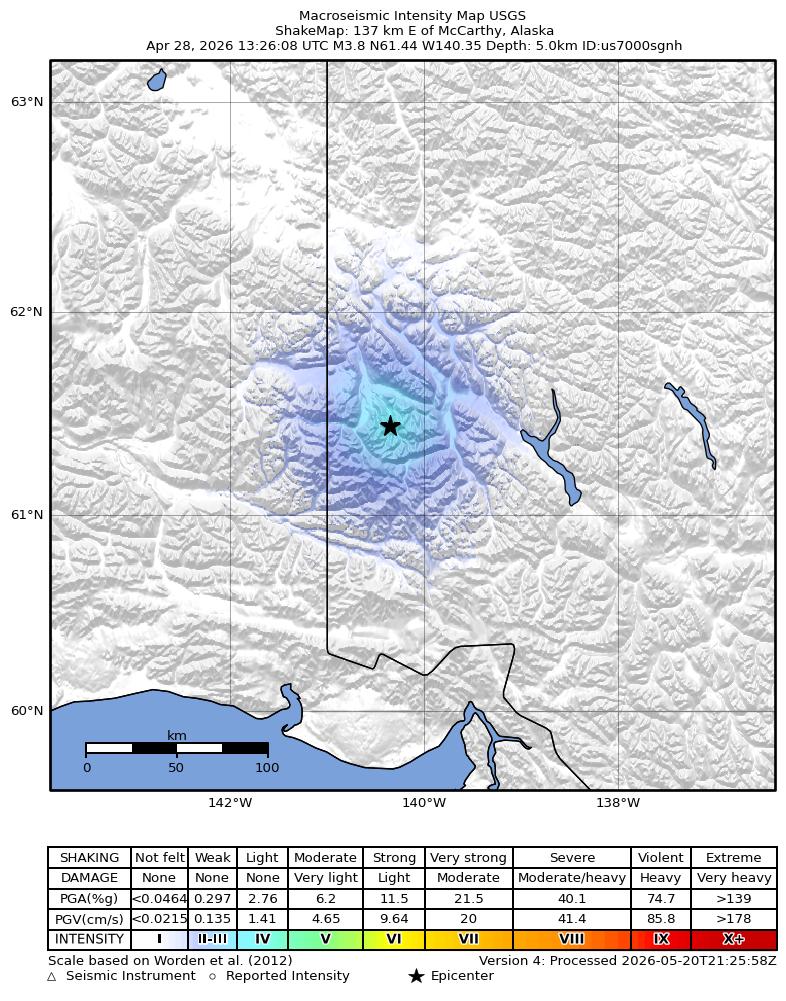 USGS ShakeMap: estimated shaking intensity around the epicenter