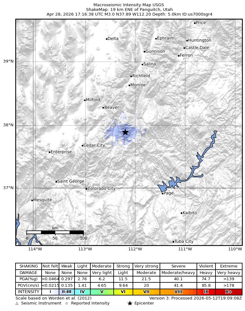 USGS ShakeMap: estimated shaking intensity around the epicenter