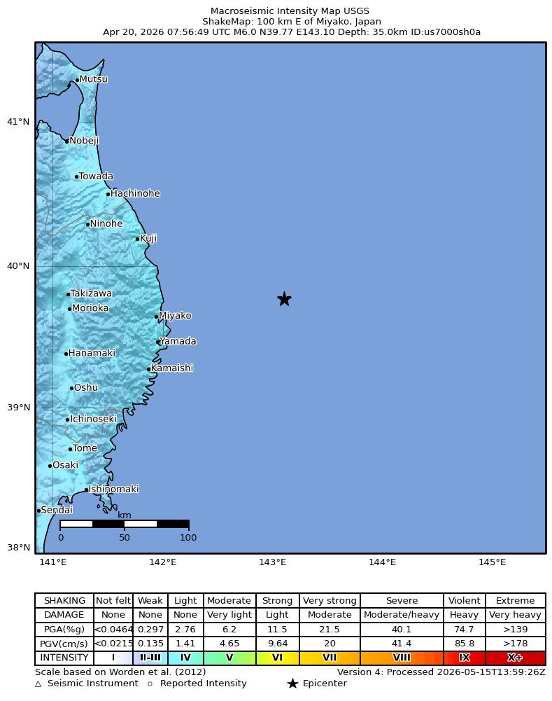 USGS ShakeMap intensity contours for the M6.0 earthquake near 100 km E of Miyako, Japan