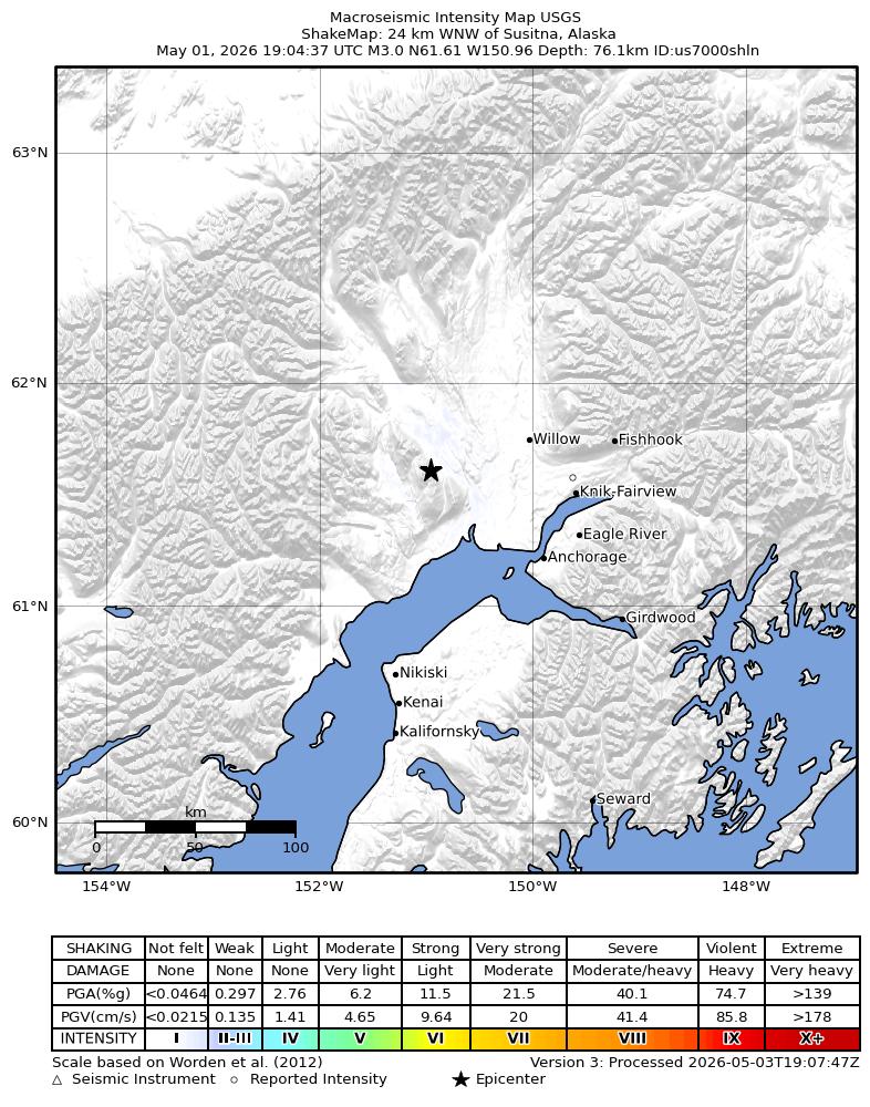 USGS ShakeMap intensity contours for the M3.0 earthquake near 22 km WNW of Susitna, Alaska