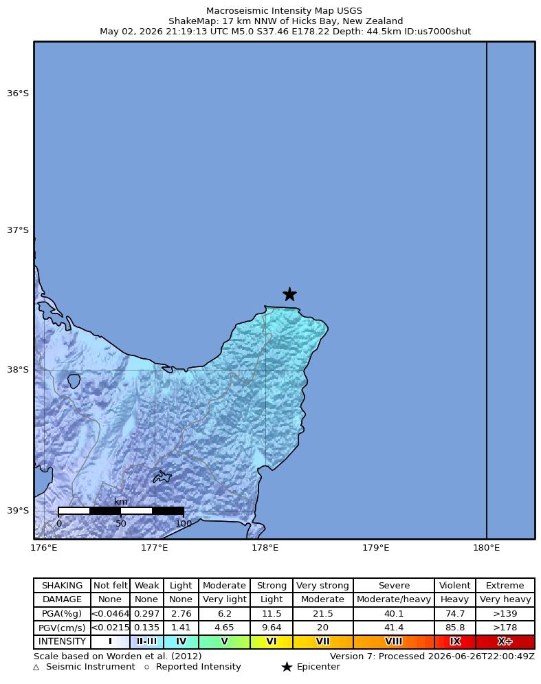 USGS ShakeMap intensity contours for the M5.0 earthquake near 17 km NNW of Hicks Bay, New Zealand