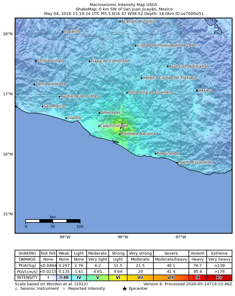 USGS ShakeMap intensity contours for the M5.5 earthquake near 0 km SW of San Juan Jicayán, Mexico