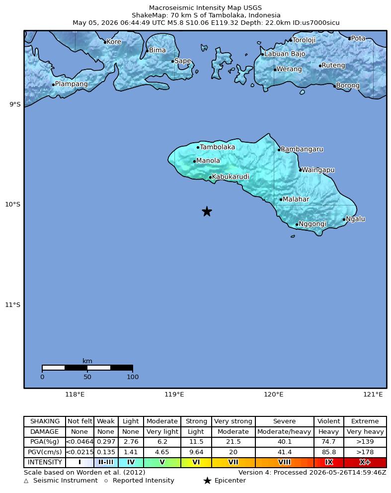 USGS ShakeMap intensity contours for the M5.8 earthquake near 70 km S of Tambolaka, Indonesia