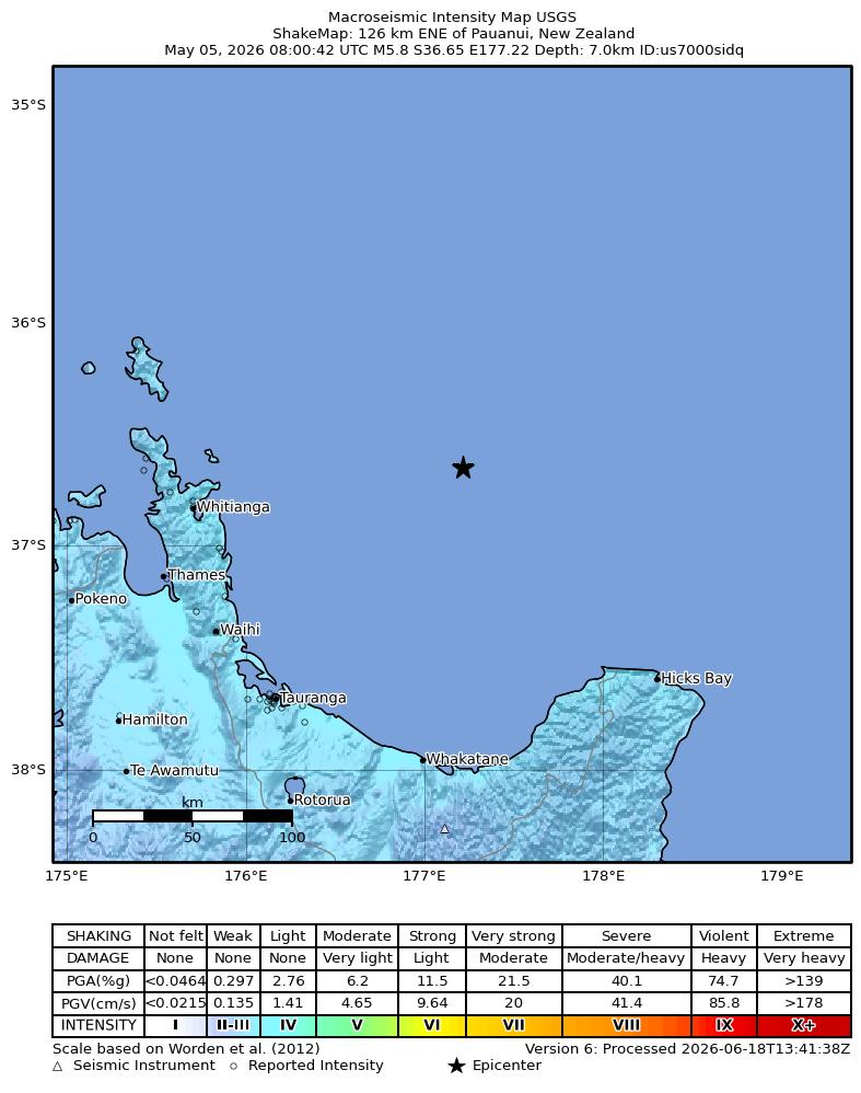 USGS ShakeMap intensity contours for the M5.8 earthquake near 126 km ENE of Pauanui, New Zealand