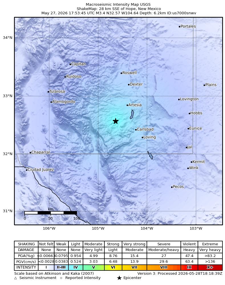 USGS ShakeMap intensity contours for the M3.4 earthquake near 27 km SSE of Hope, New Mexico