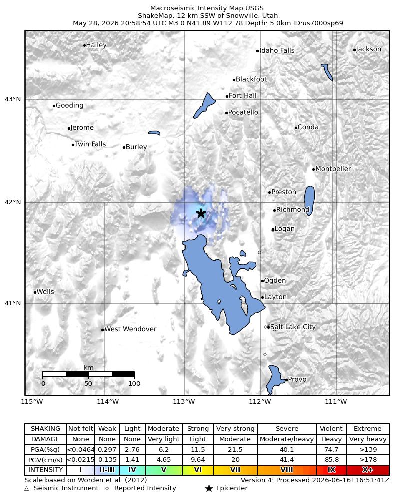 USGS ShakeMap intensity contours for the M3.1 earthquake near 12 km SSW of Snowville, Utah
