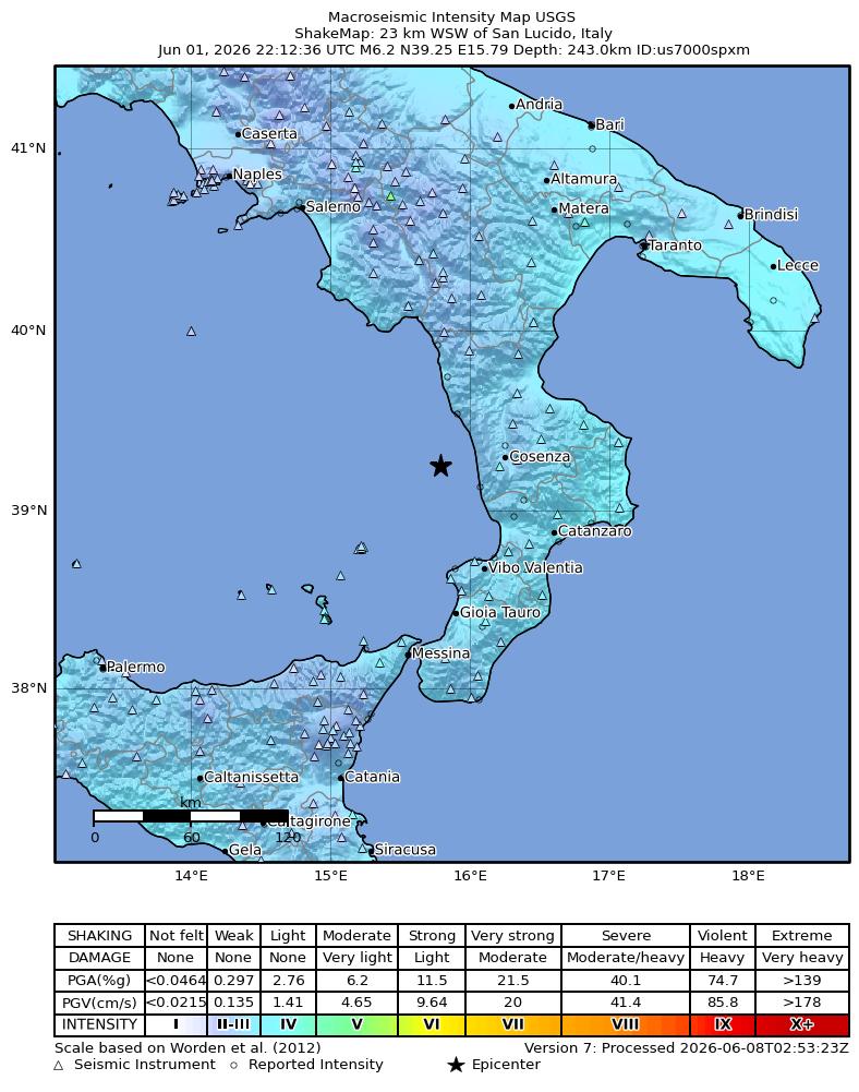 USGS ShakeMap intensity contours for the M6.2 earthquake near 23 km WSW of San Lucido, Italy