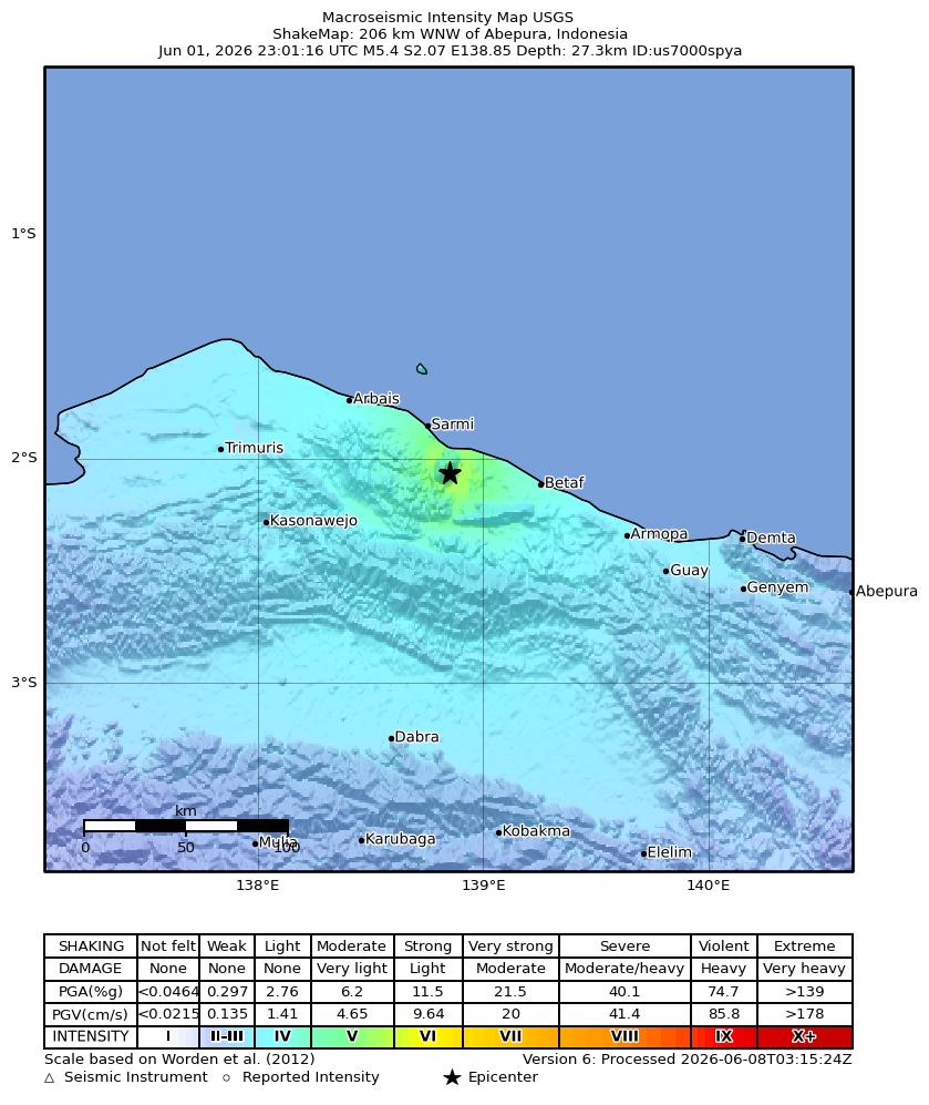 USGS ShakeMap intensity contours for the M5.4 earthquake near 206 km WNW of Abepura, Indonesia