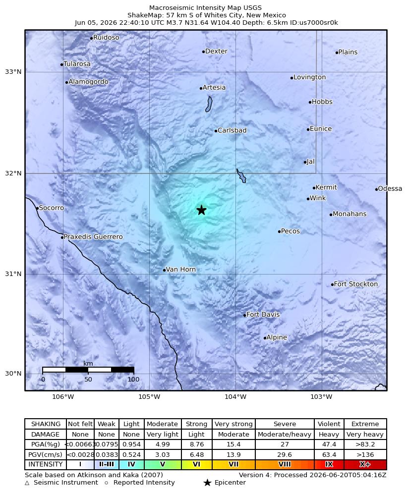 USGS ShakeMap intensity contours for the M3.8 earthquake near 57 km S of Whites City, New Mexico