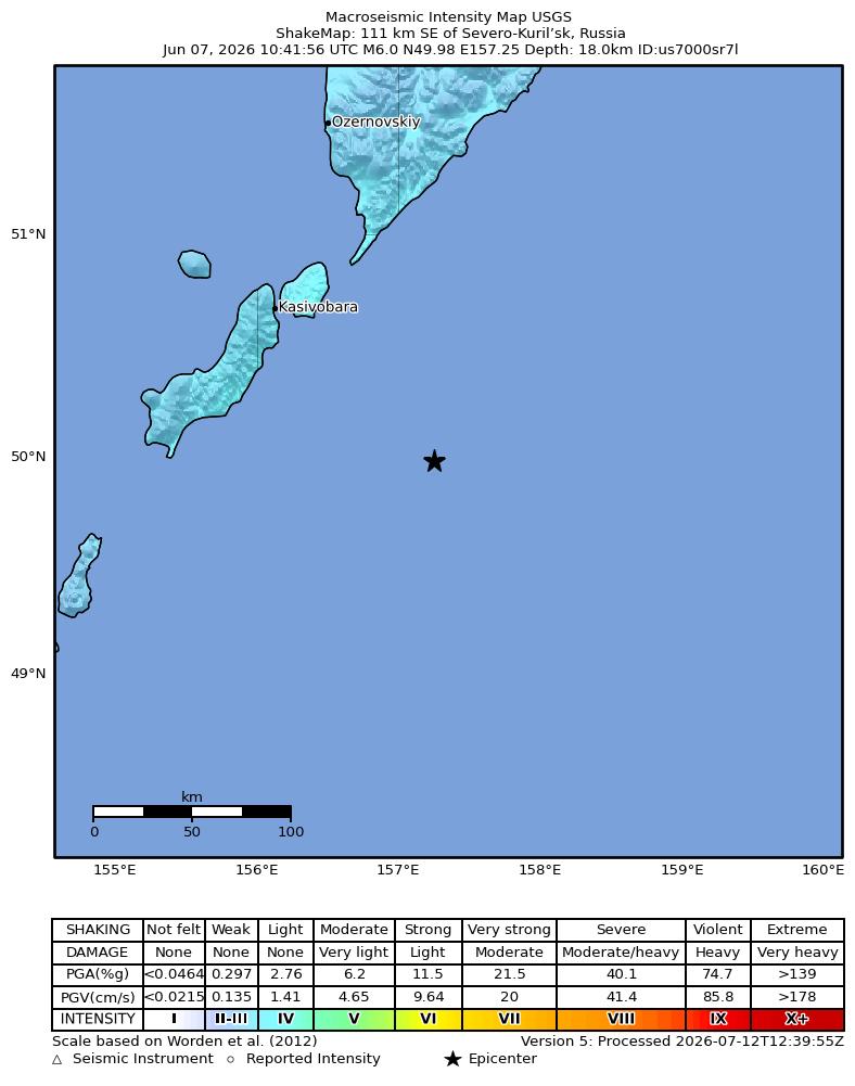 USGS ShakeMap intensity contours for the M6.0 earthquake near 111 km SE of Severo-Kuril’sk, Russia