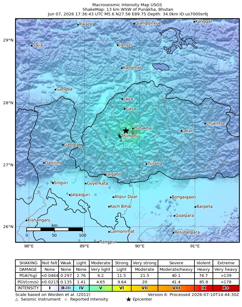 USGS ShakeMap intensity contours for the M5.6 earthquake near 13 km WSW of Punākha, Bhutan