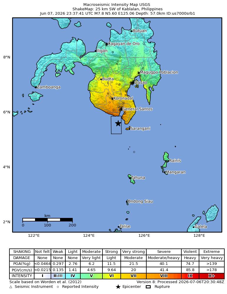 USGS ShakeMap intensity contours for the M7.8 earthquake near 25 km SW of Kablalan, Philippines