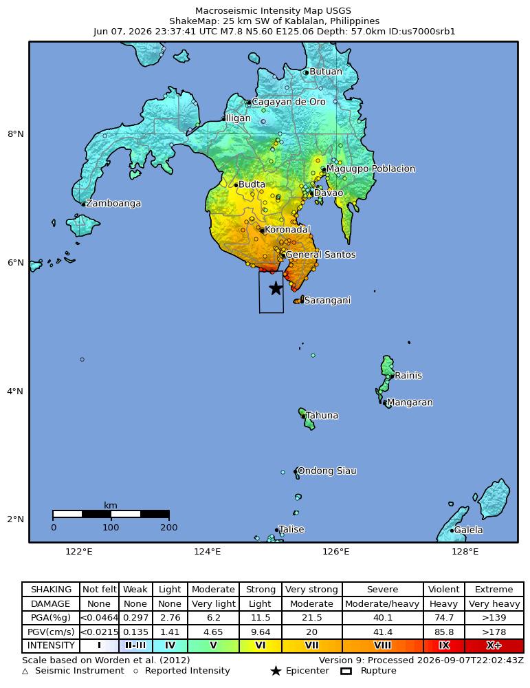 USGS ShakeMap: estimated shaking intensity around the epicenter