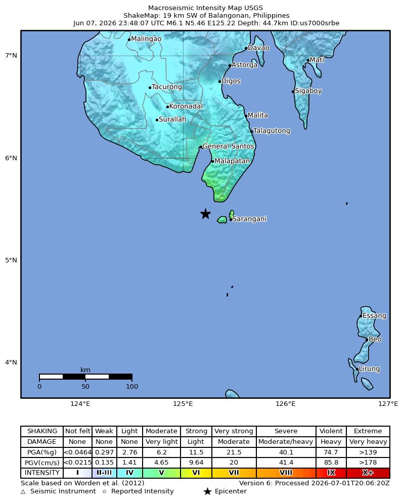 USGS ShakeMap intensity contours for the M6.1 earthquake near 19 km SW of Balangonan, Philippines