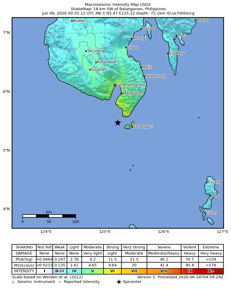 USGS ShakeMap intensity contours for the M6.5 earthquake near 18 km SW of Balangonan, Philippines