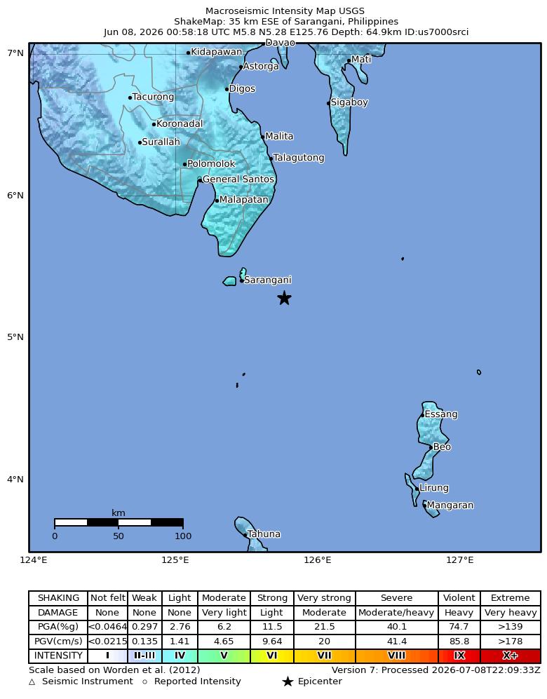 USGS ShakeMap intensity contours for the M5.8 earthquake near 35 km ESE of Sarangani, Philippines