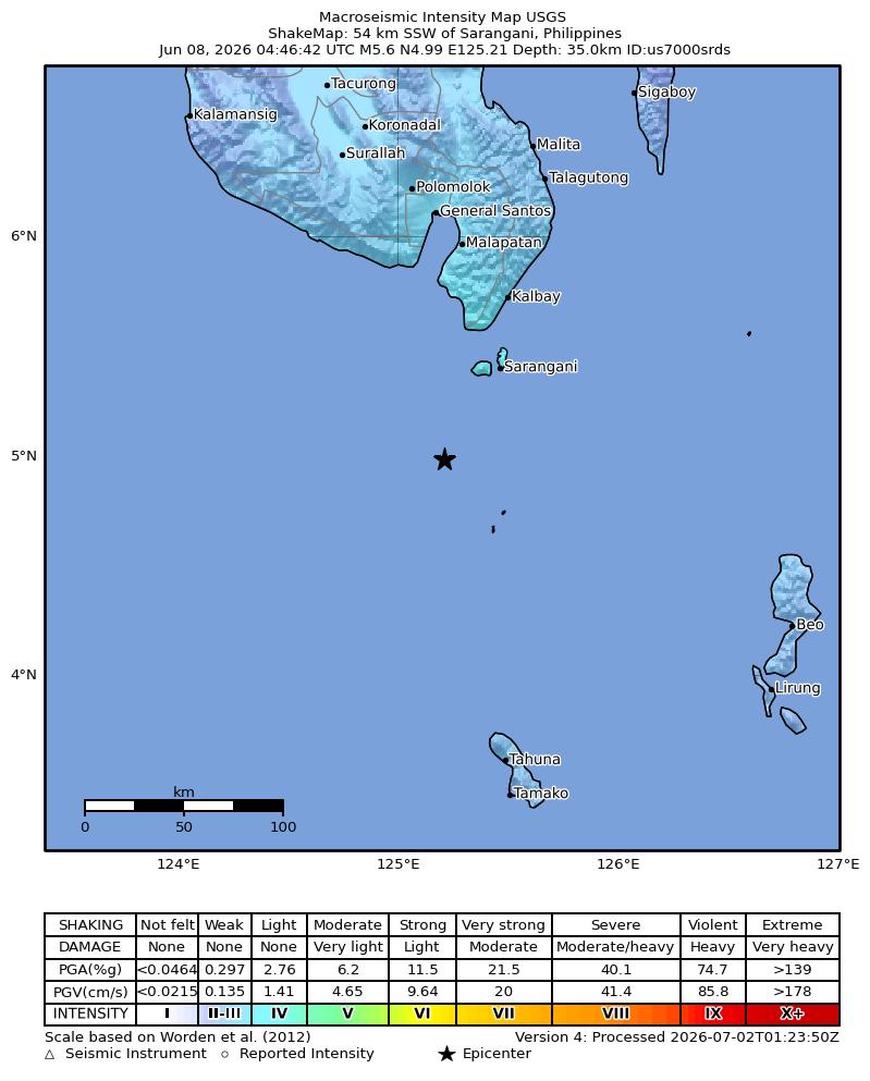 USGS ShakeMap intensity contours for the M5.6 earthquake near 54 km SSW of Sarangani, Philippines