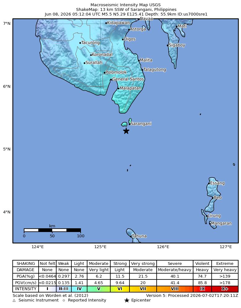 USGS ShakeMap intensity contours for the M5.5 earthquake near 13 km SSW of Sarangani, Philippines