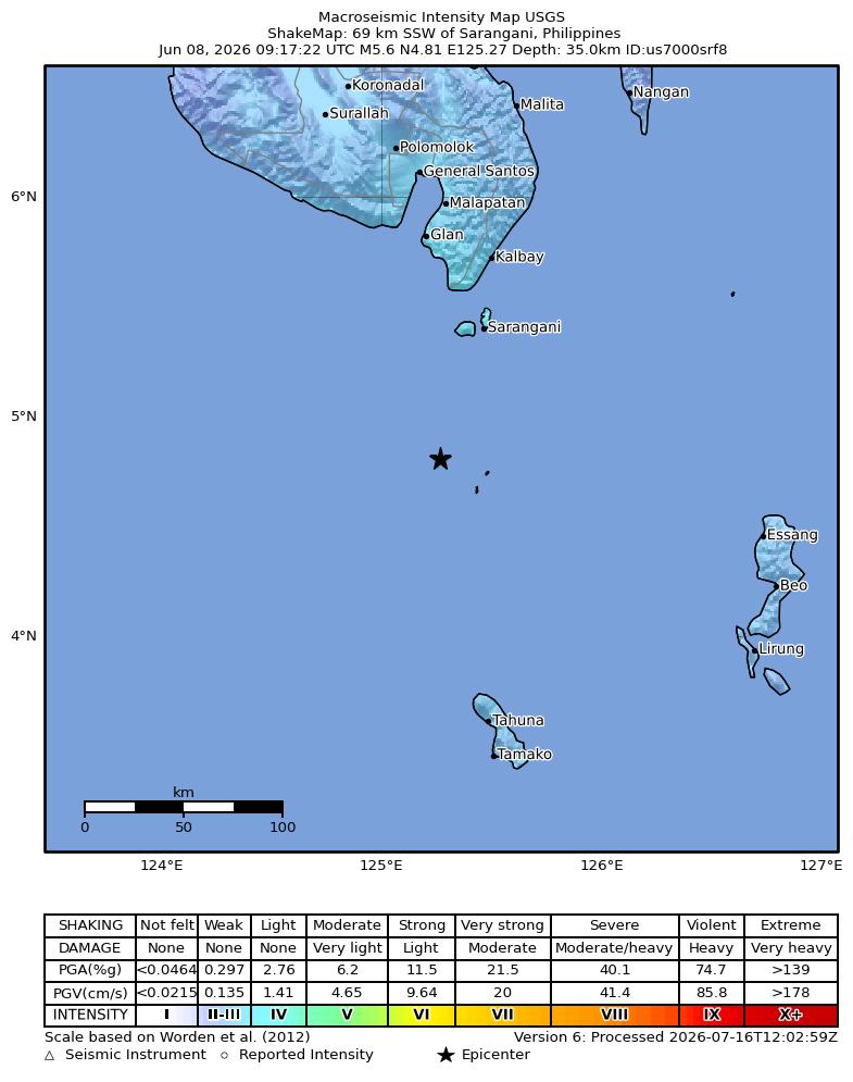 USGS ShakeMap intensity contours for the M5.6 earthquake near 69 km SSW of Sarangani, Philippines