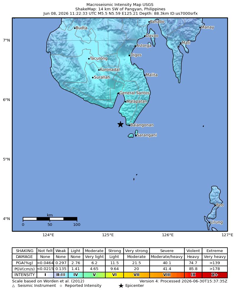 USGS ShakeMap intensity contours for the M5.5 earthquake near 14 km SW of Pangyan, Philippines
