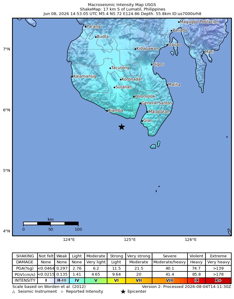 USGS ShakeMap: estimated shaking intensity around the epicenter