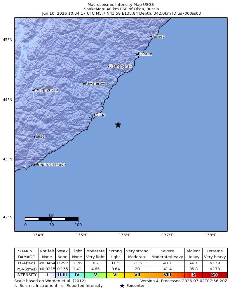 USGS ShakeMap intensity contours for the M5.7 earthquake near 48 km ESE of Ol’ga, Russia