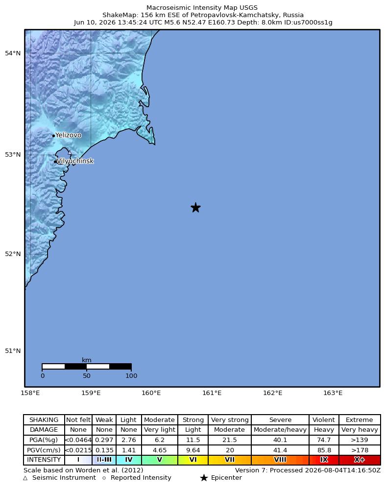 USGS ShakeMap intensity contours for the M5.6 earthquake near 156 km ESE of Petropavlovsk-Kamchatsky, Russia
