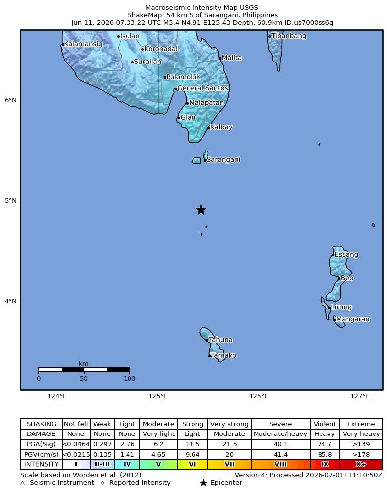 USGS ShakeMap intensity contours for the M5.4 earthquake near 54 km S of Sarangani, Philippines