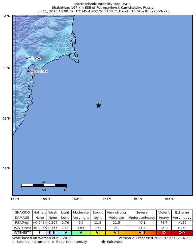 USGS ShakeMap intensity contours for the M5.4 earthquake near 167 km ESE of Petropavlovsk-Kamchatsky, Russia