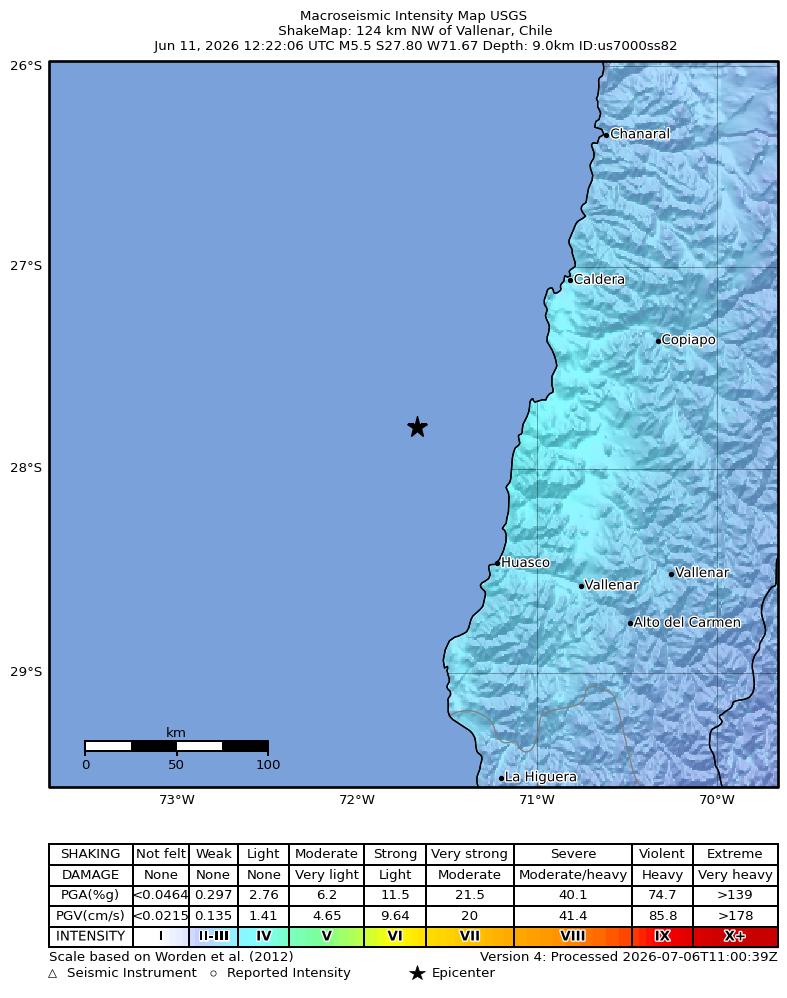 USGS ShakeMap intensity contours for the M5.5 earthquake near 124 km NW of Vallenar, Chile