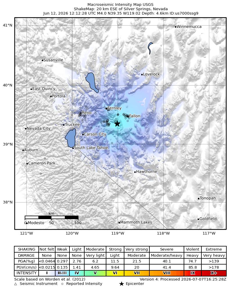 USGS ShakeMap intensity contours for the M4.0 earthquake near 20 km ESE of Silver Springs, Nevada