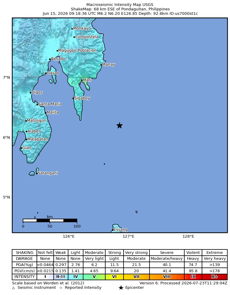 USGS ShakeMap intensity contours for the M6.2 earthquake near 76 km ESE of Pondaguitan, Philippines