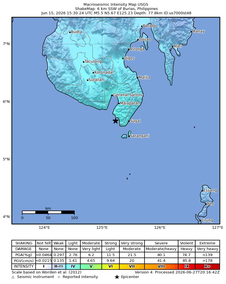 USGS ShakeMap intensity contours for the M5.5 earthquake near 6 km SSW of Burias, Philippines