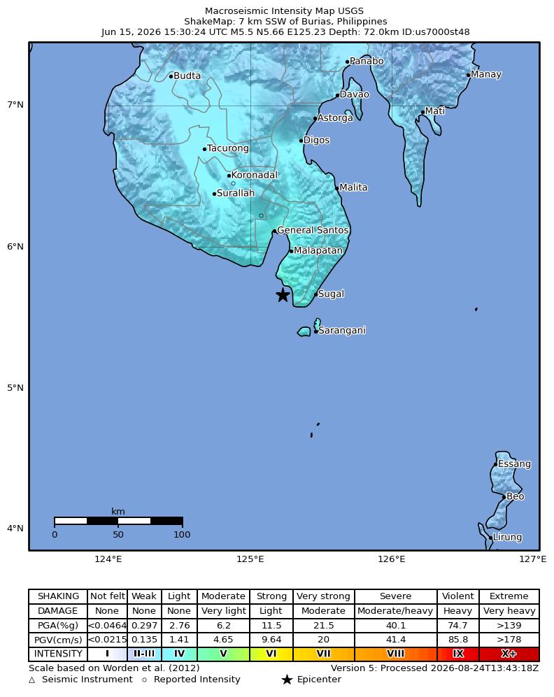 USGS ShakeMap: estimated shaking intensity around the epicenter