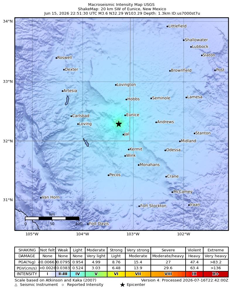USGS ShakeMap intensity contours for the M3.6 earthquake near 20 km SW of Eunice, New Mexico