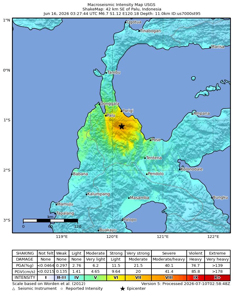 USGS ShakeMap intensity contours for the M6.7 earthquake near 42 km SE of Palu, Indonesia